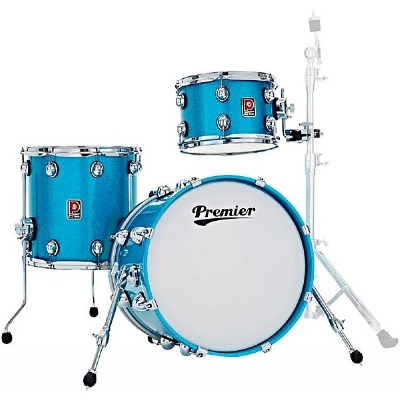 Premier Genista Heritage Birch 3-piece shell pack with 18 inch bass drum aqua sparkle top view