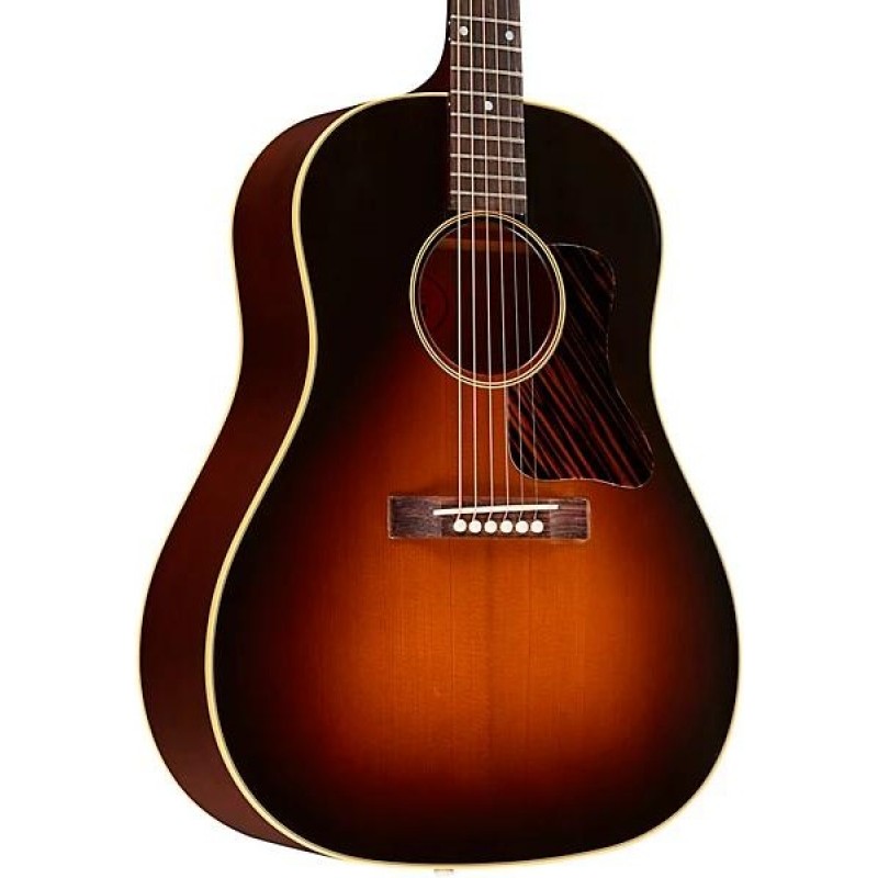 Gibson 1936 J35 acoustic guitar Vintage Sunburst angled front and side view body neck headstock detailed features