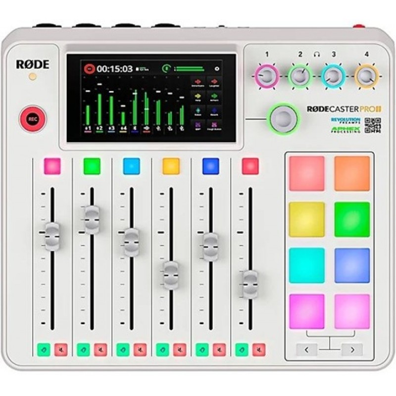 RODECaster Pro II podcast production console white for professional recording live streaming and content creation with high-quality audio