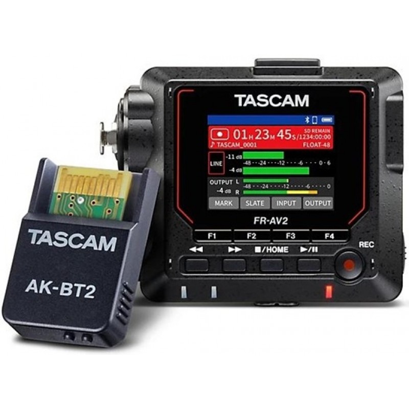 TASCAM FR AV2 compact field recorder with 32 bit audio recording and AK BT2 Bluetooth adapter
