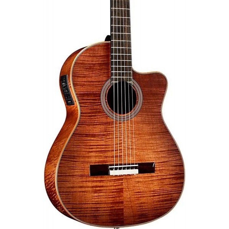 Cordoba Fusion 12 Exotic Top Nylon String Classical Acoustic Electric Guitar Cinnamon Burst full body showing neck and headstock