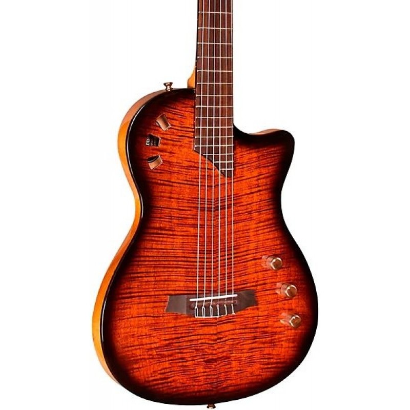 Cordoba Stage Nylon String Electric Guitar Edge Burst full body showing neck and headstock
