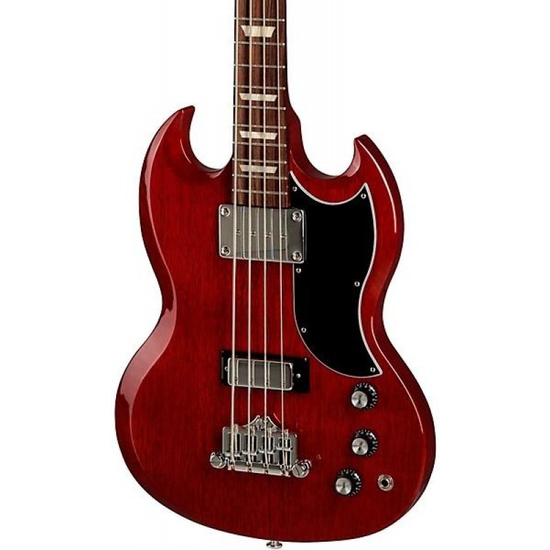 Gibson SG Standard Bass Heritage Cherry showing body neck pickups and hardware close up
