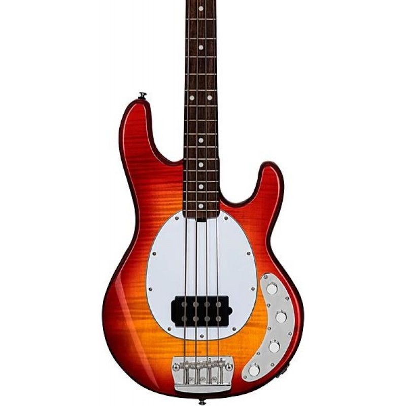Sterling by Music Man StingRay Ray34 flame maple electric bass guitar in Heritage Cherry Burst finish