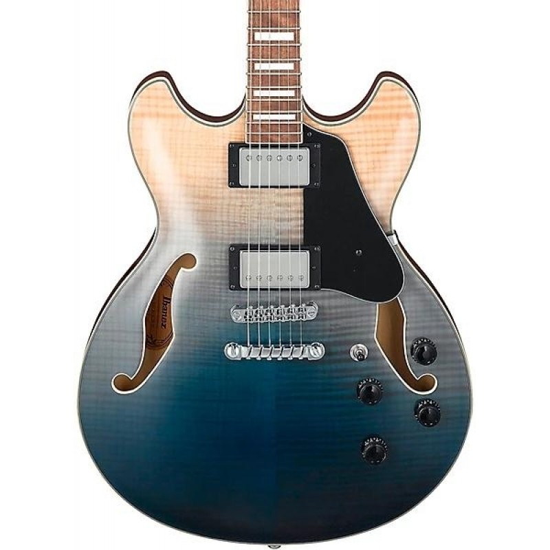 Ibanez AS73FM Artcore semi hollow electric guitar transparent indigo fade with flamed maple top and dual humbuckers