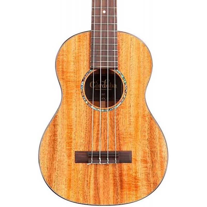 Cordoba 35T Tenor Ukulele Acacia Natural front angle showing body neck and headstock