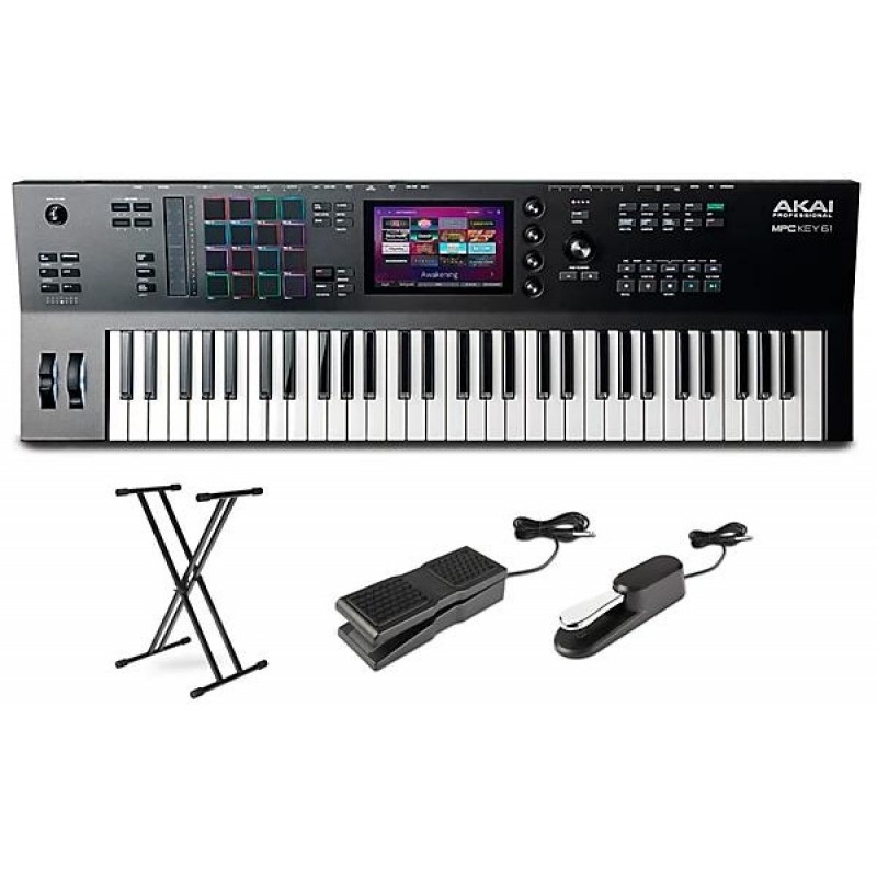 Akai MPC Key 61 production synthesizer with X-stand sustain and expression pedals professional studio and live performance