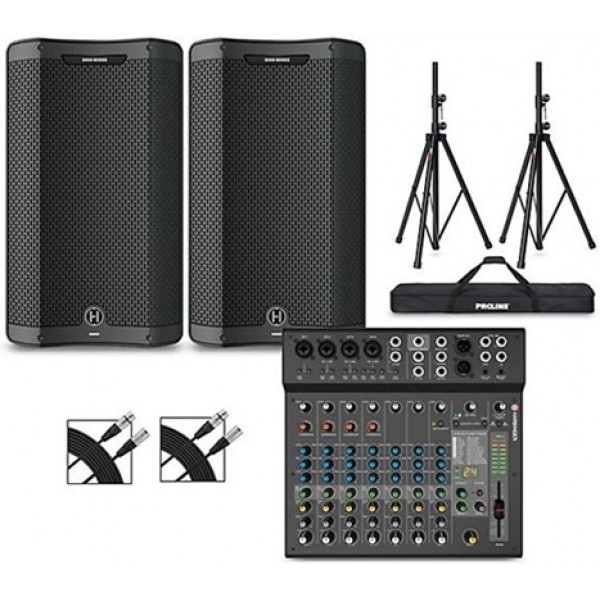 Harbinger VARI V3412 12" Powered Speakers Package With LX12 Mixer, Stands & Cables
