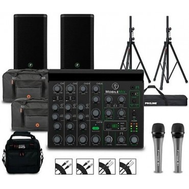 Mackie MobileMix 8-Channel USB-Powerable Mixer With Pair of Thrash212 GO Speakers, Roadrunner Bags, e835 Microphones, Stands, and Cables