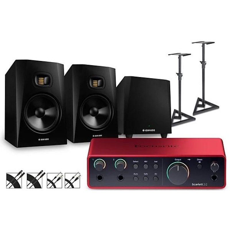 Focusrite Scarlett 2i2 Gen 4 with Adam T-Series monitors and T10S subwoofer bundle stands and cables included professional studio setup