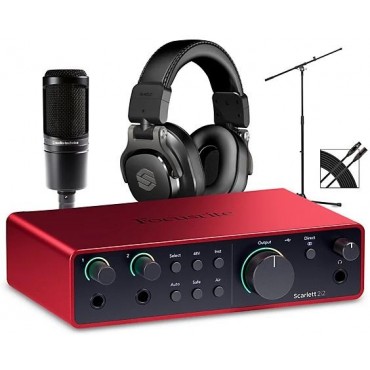 Focusrite Scarlett 2i2 Gen 4 With Audio-Technica Microphone & Sterling Studio Headphone Package (Stand & Cable Included)