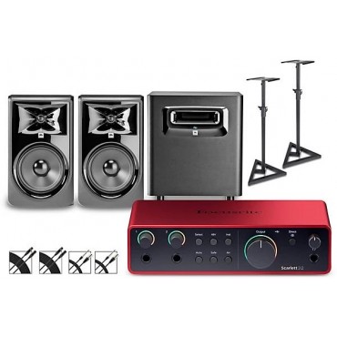 Focusrite Scarlett 2i2 Gen 4 With JBL 3 Series Studio Monitor Pair & LSR Subwoofer Bundle With Stands & Cables Included 308MKII