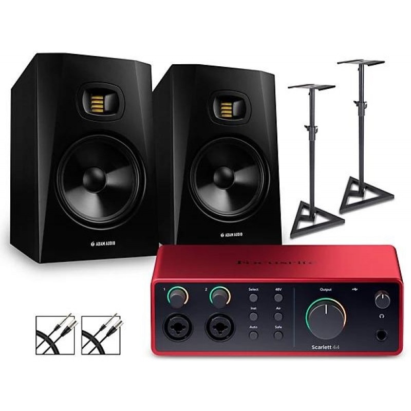 Focusrite Scarlett 4i4 Gen 4 audio interface with Adam T8V studio monitor pair bundle includes stands and cables