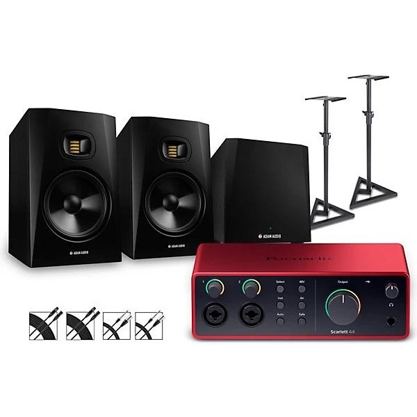 Focusrite Scarlett 4i4 Gen 4 With Adam Audio T-Series Studio Monitor Pair & T10S Subwoofer Bundle (Stands & Cables Included) T8V
