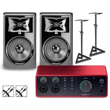 Focusrite Scarlett 4i4 Gen 4 With JBL 3 Series Studio Monitor Pair Bundle (Stands & Cables Included) 308MKII