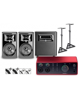 Focusrite Scarlett 4i4 Gen 4 with JBL 3 Series Studio Monitor Pair &amp; LSR Subwoofer Bundle (Stands &amp; Cables Included) 308MKII