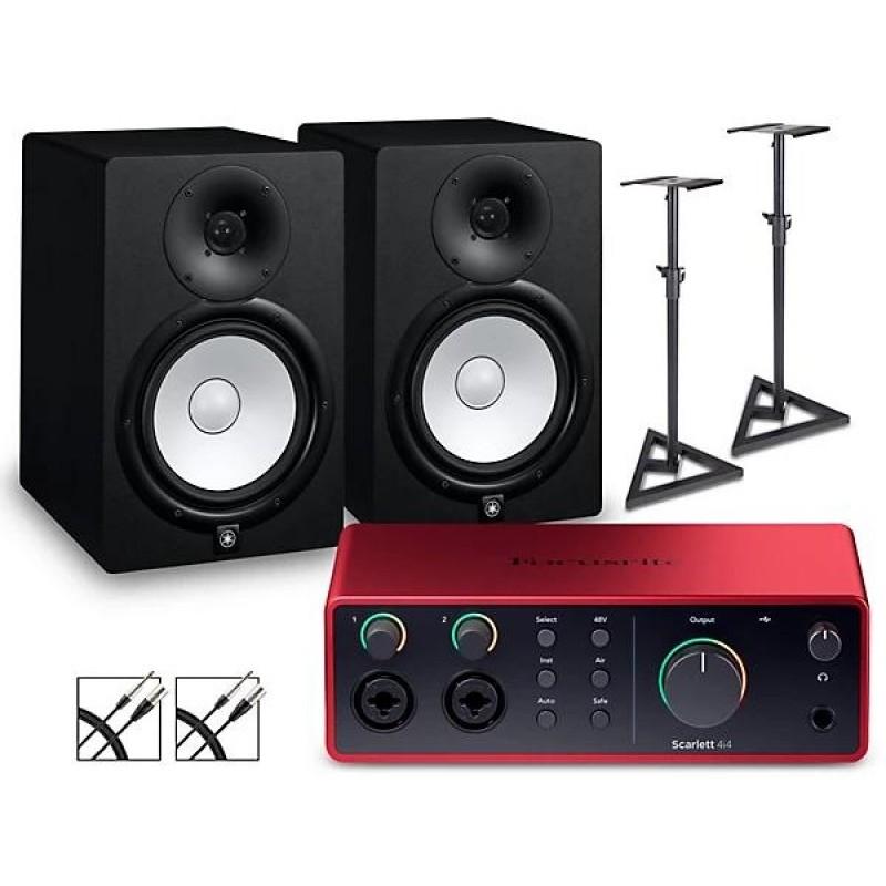 Focusrite Scarlett 4i4 Gen 4 audio interface with Yamaha HS8 studio monitor pair bundle includes stands and cables
