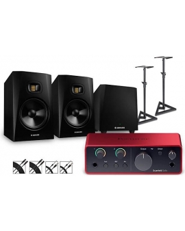 Focusrite Scarlett Solo Gen 4 with Adam Audio T-Series Studio Monitor Pair &amp; T10S Subwoofer Bundle (Stands &amp; Cables Included) T8V