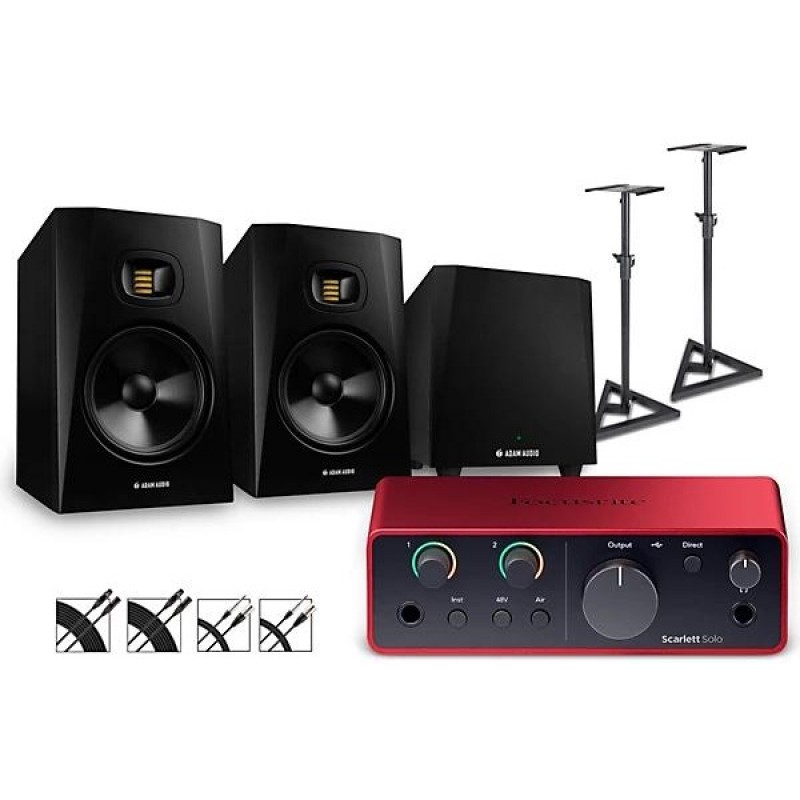 Focusrite Scarlett Solo Gen 4 with Adam T8V studio monitors and T10S subwoofer bundle includes stands and cables for recording and mixing