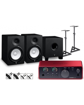 Focusrite Scarlett Solo Gen 4 with Yamaha HS Studio Monitor Pair &amp; HS8S Subwoofer Bundle (Stands &amp; Cables Included) HS8