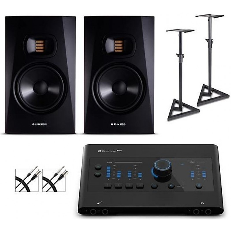 PreSonus Quantum ES4 audio interface with Adam Audio T7 studio monitor pair cables and stands recording setup