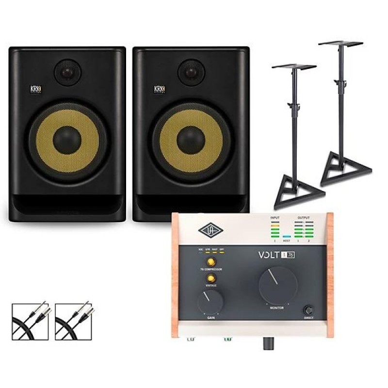 Universal Audio Volt 176 with KRK ROKIT 8 G5 studio monitor pair with stands and audio cables