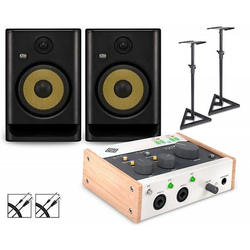 Universal Audio Volt 276 with KRK ROKIT 8 G5 studio monitor pair with stands and audio cables