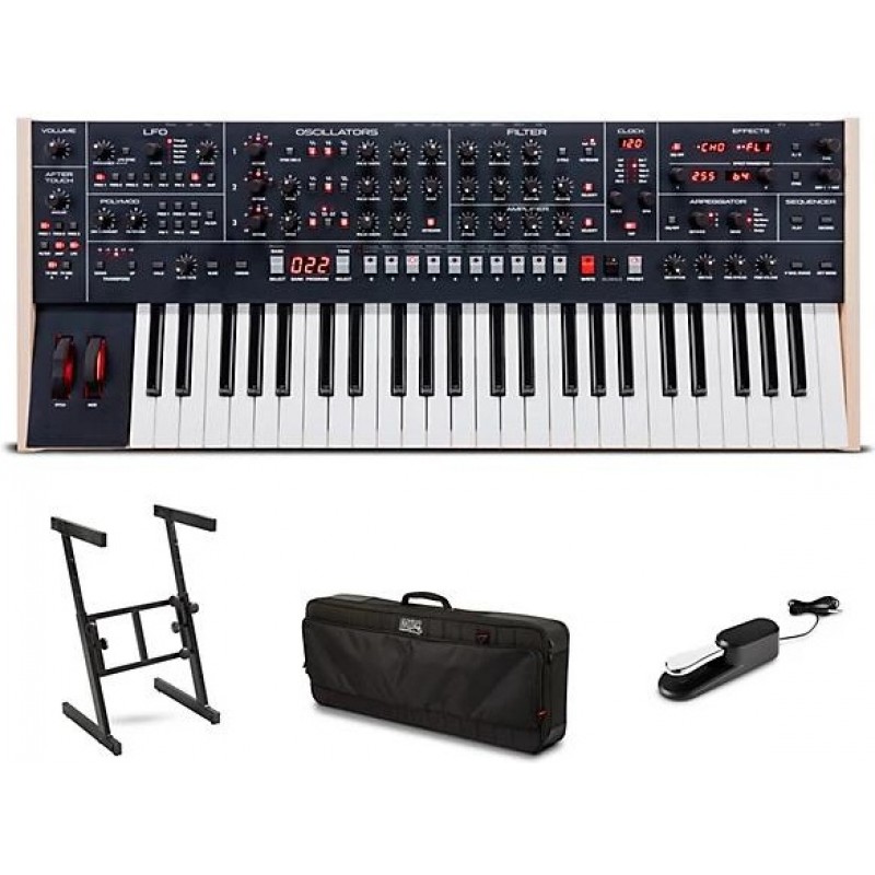 Sequential Trigon-6 6 voice analog synthesizer stage bundle with keyboard view and control panel for professional music production