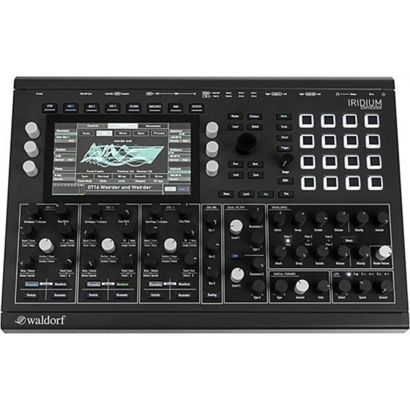 Waldorf Iridium digital polyphonic synthesizer black for wavetable granular synthesis sound design and studio production use